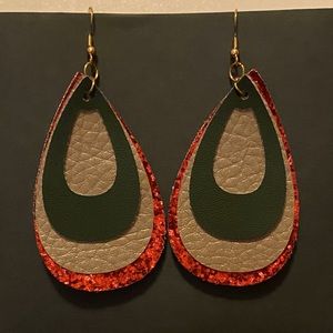 Handmade Faux Leather Earrings- Red, Green, & Gold